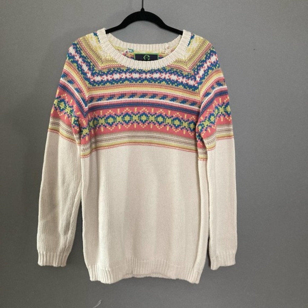 C Wonder Long Sweater fair isle colorful cream soft wool blend Medium